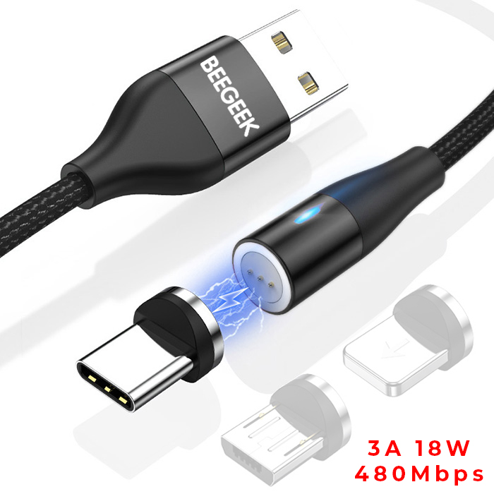 BeeGeek AM60 USB kábel 1M 3A 18W QC 3.0 gyorstöltés USB-C, Type-C mágneses fejjel, 1m fekete-1