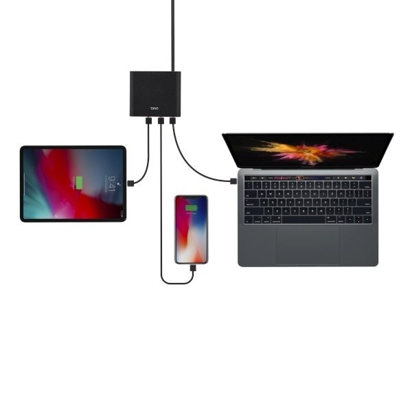 UNIQ Surge 90W 2xUSB Quick Charge 3.0 + 2xUSB-C PD 3.0 HUB, töltőállomás szénfekete-1