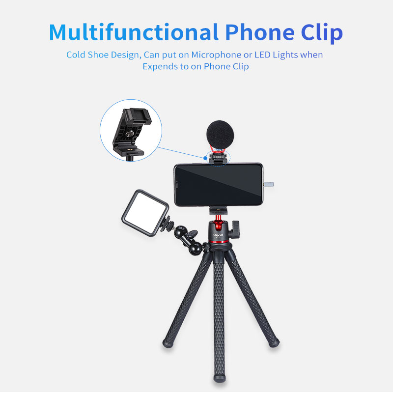 ULANZI MT-11 flexibilis mini tripod, állvány 360 fokos gömbfejjel, mobiltelefon tartóval, 1/4-es csatlakozással (1907)-1