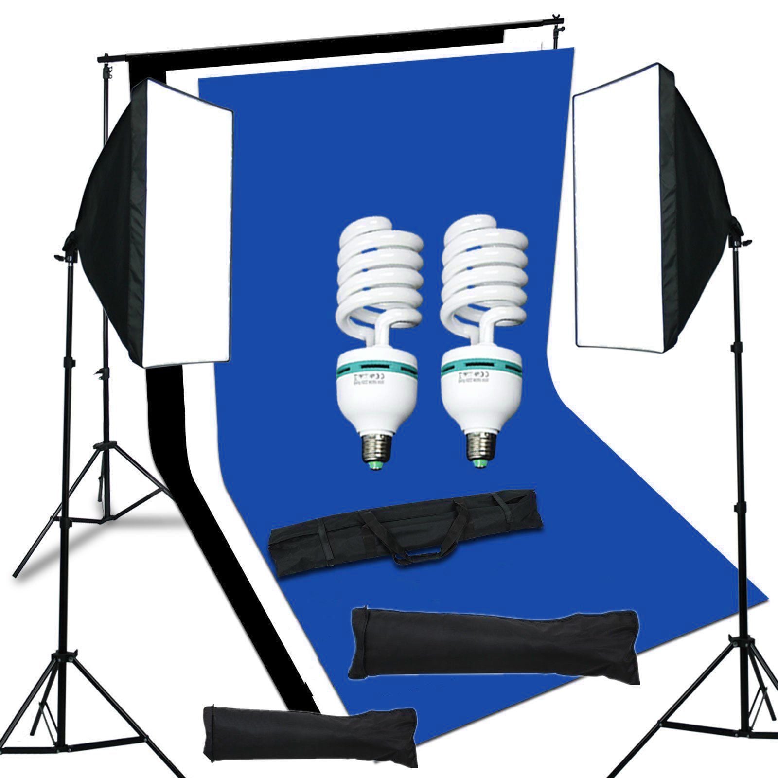 Softbox szett 2x135W, 1,6x5m hátterekkel, 2x2m állvánnyal (kék/fekete/fehér)-0