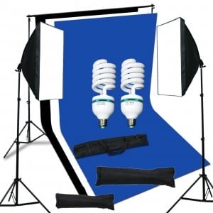Softbox szett 2x135W, 1,6x5m hátterekkel, 2x2m állvánnyal (kék/fekete/fehér)