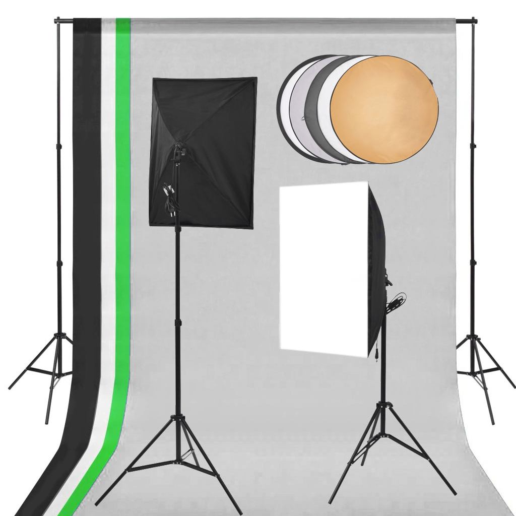 Softbox szett 2x135W, 2x2m állvánnyal, 4db háttérrel (fekete, fehér, zöld, szürke)-0