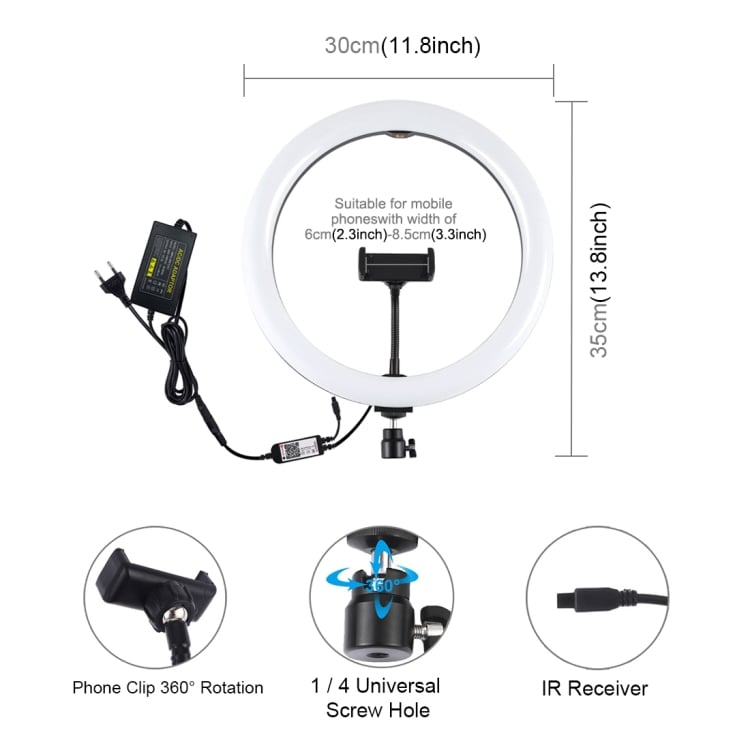 PULUZ 30cm RGB LED körlámpa, körfény ring light, 2m állvánnyal, bluetooth vezérléssel (iOS, Android) 30W-9