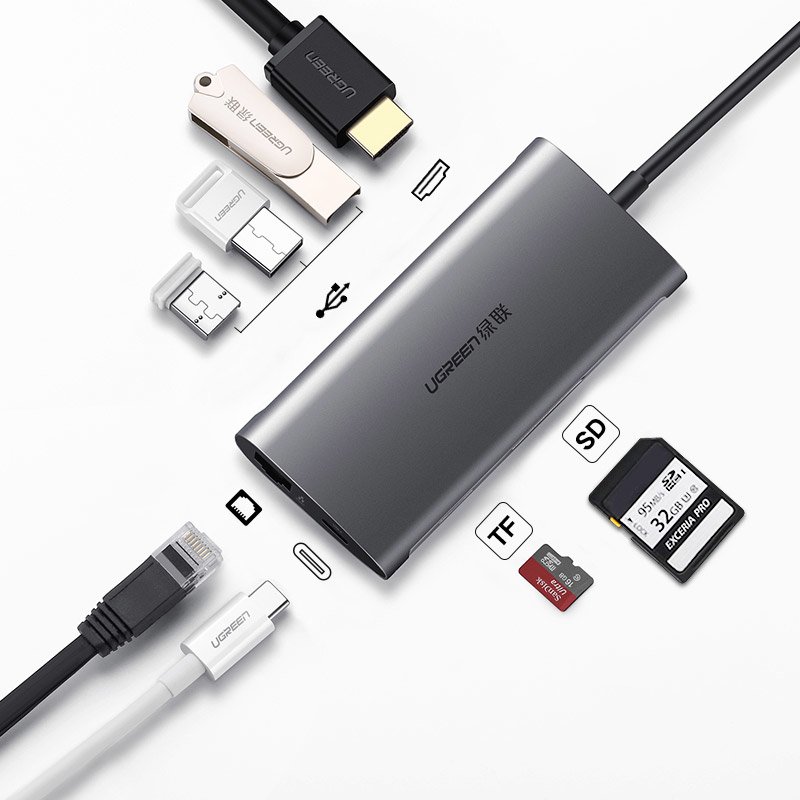 Ugreen USB Type-C HUB 3x USB 3.0 / SD és micro SD kártyaolvasó / RJ45 1000Mbps hálózati adapter / HDMI szürke (50538)-5