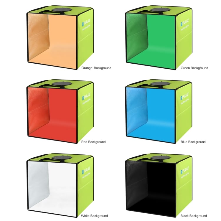 PULUZ mini fotódoboz, tárgysátor 30x30cm 6db háttérrel, állítható fényerővel, zöld (PU5032G)-8