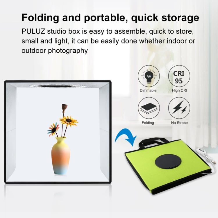 PULUZ mini fotódoboz, tárgysátor 30x30cm 6db háttérrel, állítható fényerővel, zöld (PU5032G)-10