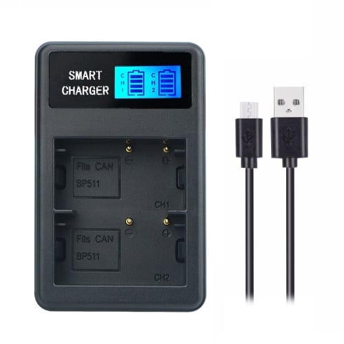 Dupla Canon BP-511/511A USB-s akkumulátor töltő LCD kijelzővel-0