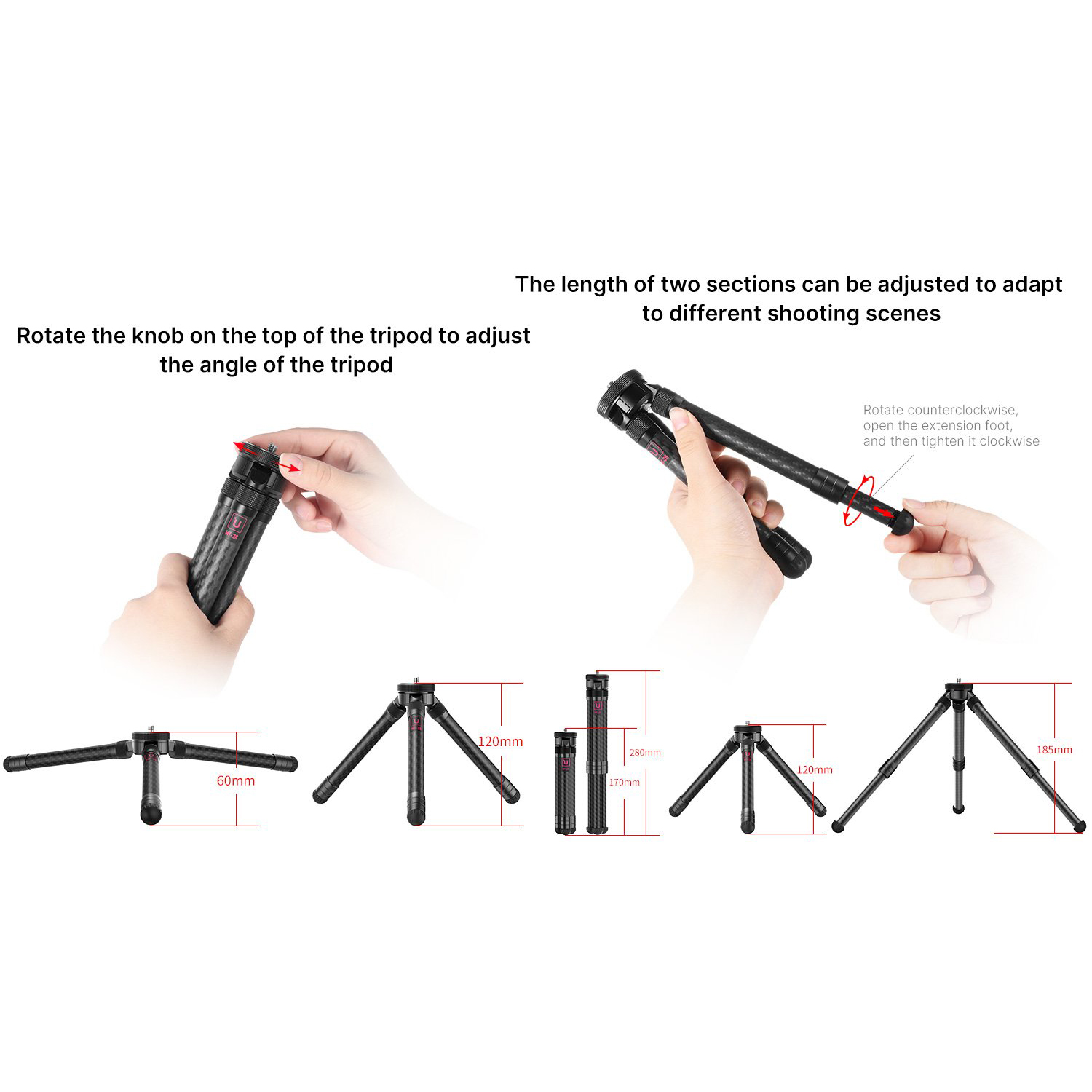 Ulanzi MT-28 állíthatú méretű mini karbon tripod, asztali állvány 1/4 csatlakozással-3