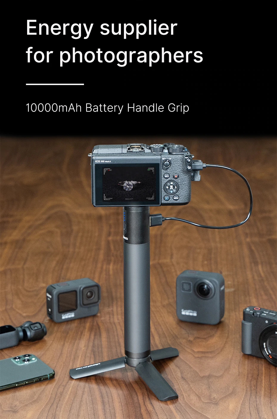ULANZI BG-3 akkumulátor grip, markolat 10.000mAh powerbank 1/4 csatlakozással, Type-C (2066)-8