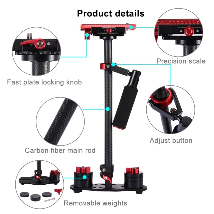 PULUZ P60TR karbon fényképezőgép kézi stabilizátor, kamera stabilizátor 38.5-61cm fekete-piros-4