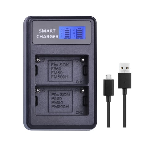 Dupla Sony NP-FM500H/NP-FM50/NP-F550 USB-s akkumulátor töltő LCD kijelzővel-0