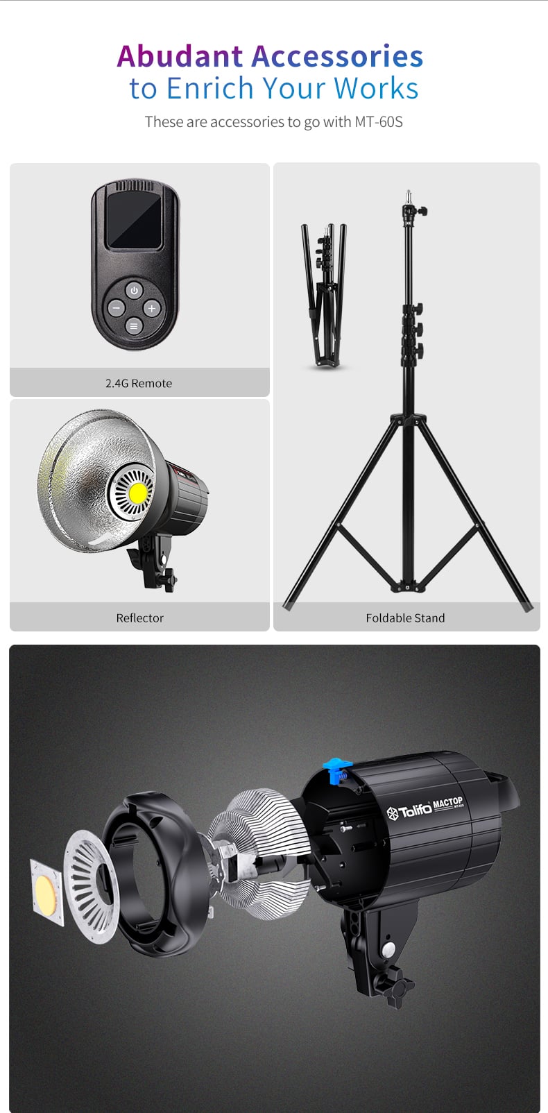 Tolifo MT-60S 60W COB LED videólámpa távirányítóval, 2m állvánnyal-8