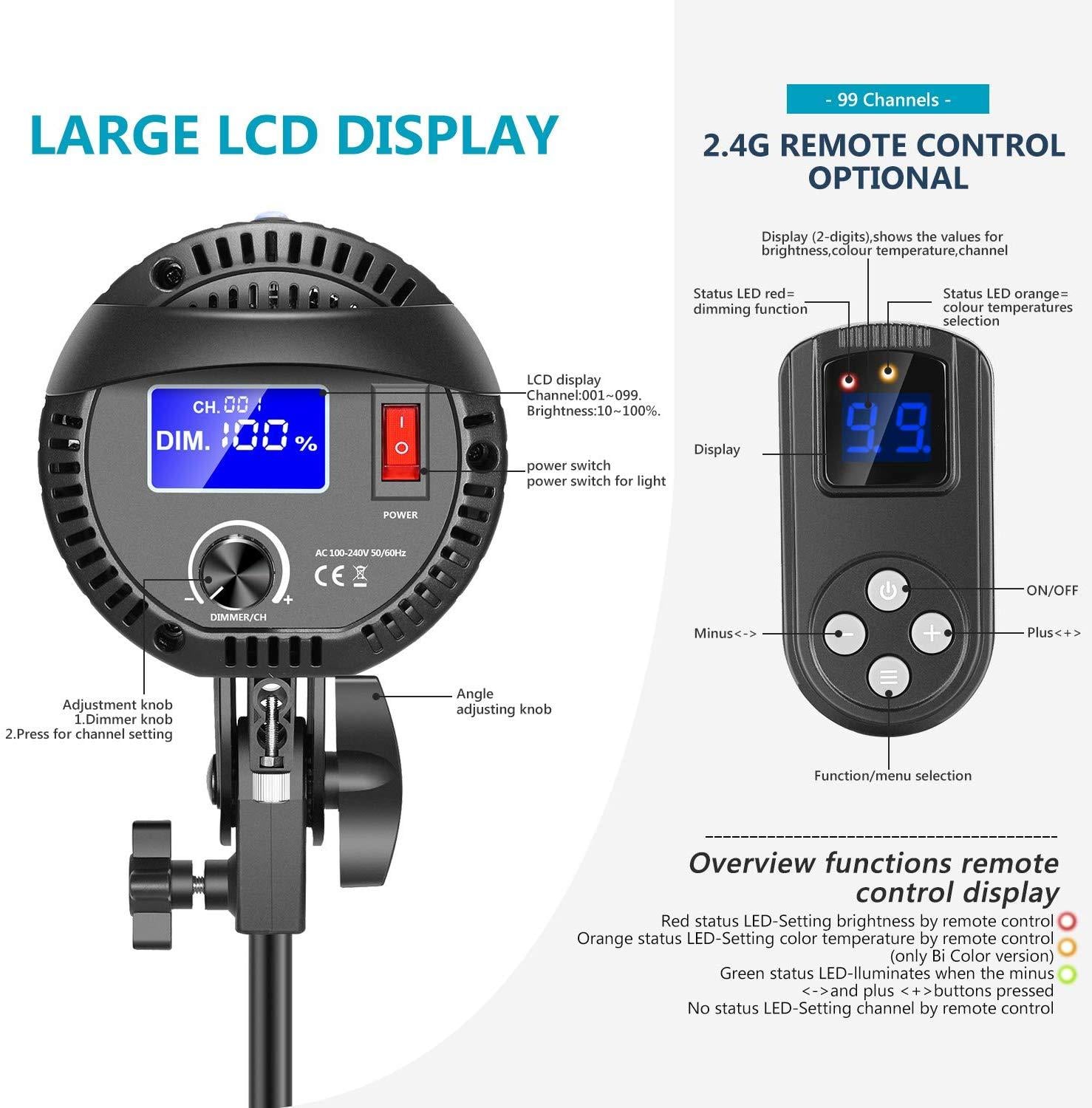 Tolifo MT-60S 60W COB LED videólámpa távirányítóval, 2m állvánnyal-2