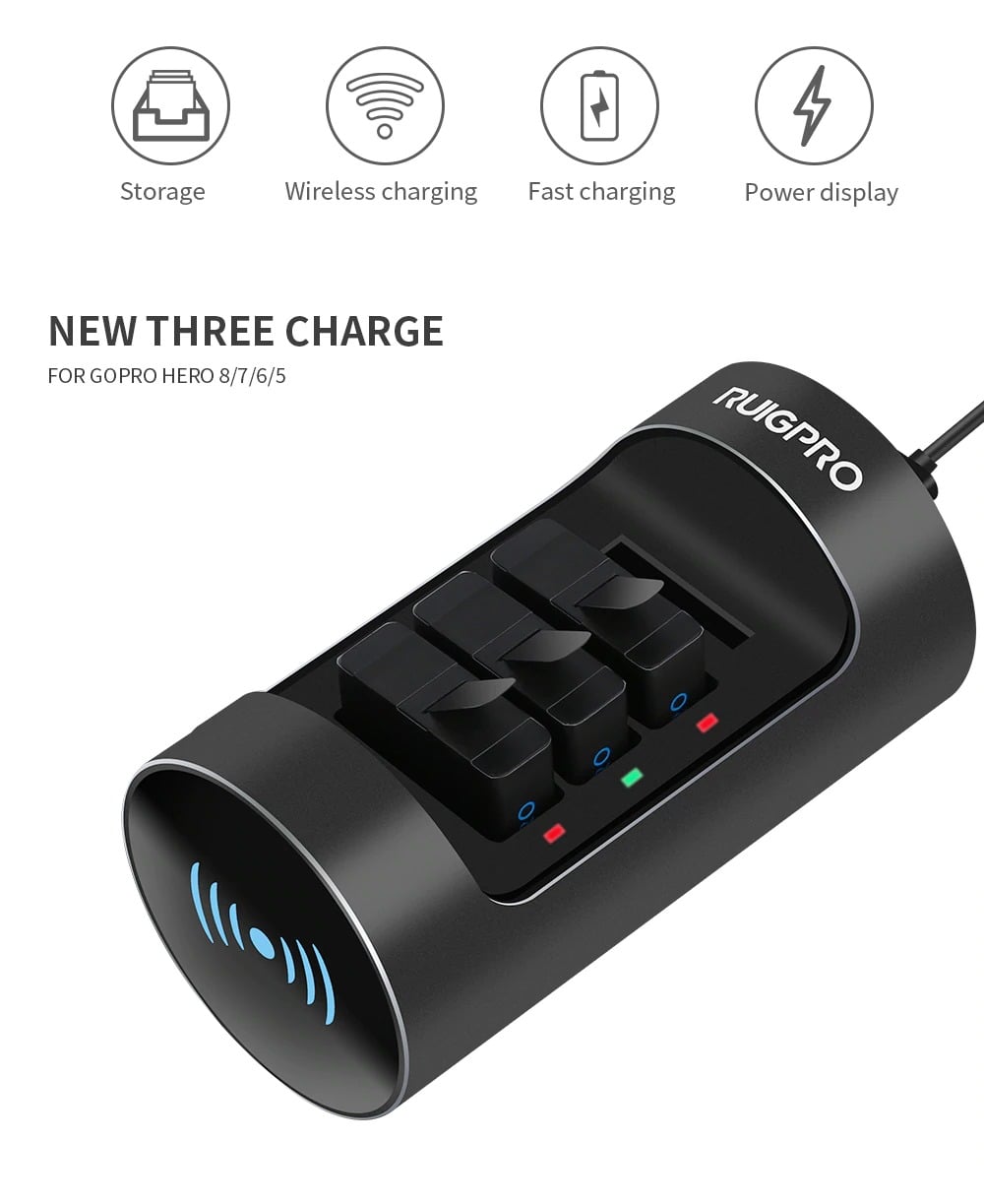 RUIGPRO Power Bank, USB-s akkumulátor töltő GoPro 8/7/6/5 szériához három foglalattal, microSD és SD kártyaolvasó-11