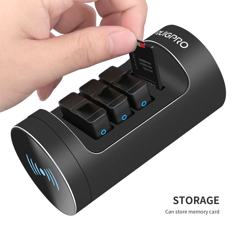 RUIGPRO Power Bank, USB-s akkumulátor töltő GoPro 8/7/6/5 szériához három foglalattal, microSD és SD kártyaolvasó-1