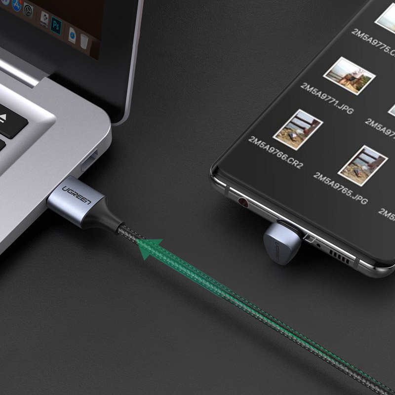 Ugreen Nylon harisnyázott USB - USB Type C kábel döntött fejjel 1m 3A szürke (70315)-4