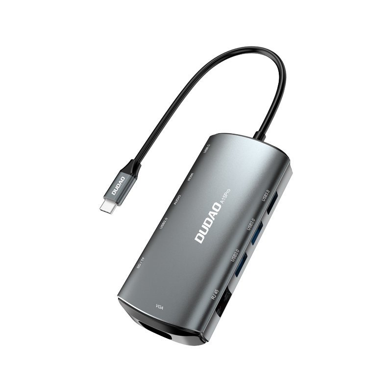 Dudao 11in1 multifunkciós HUB USB Type-C - USB Type-C PD 60W / HDMI / 3.5mm mini jack / 1x USB 2.0 / SD - micro SD kártyaolvasó / VGA / RJ45 / 3x USB 3.2 Gen 1 szürke (A15Pro)-0