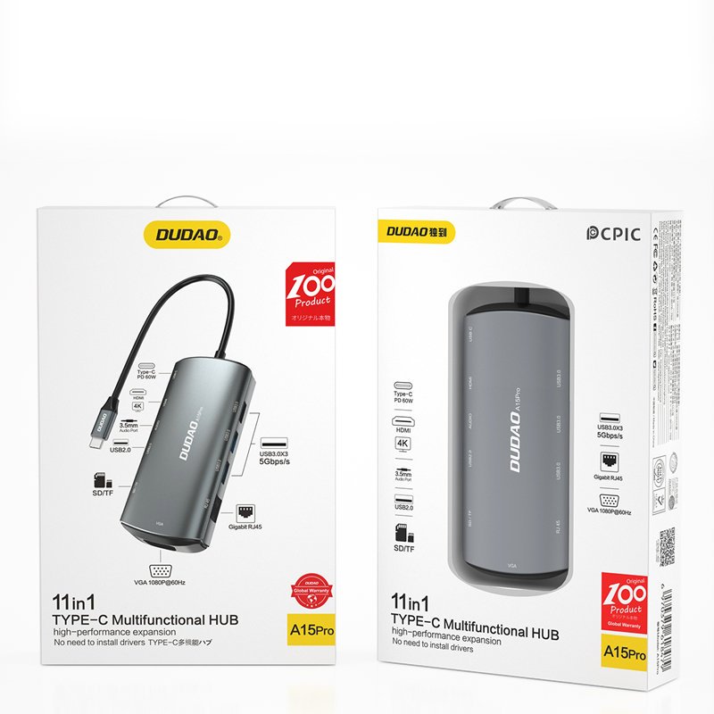 Dudao 11in1 multifunkciós HUB USB Type-C - USB Type-C PD 60W / HDMI / 3.5mm mini jack / 1x USB 2.0 / SD - micro SD kártyaolvasó / VGA / RJ45 / 3x USB 3.2 Gen 1 szürke (A15Pro)-1