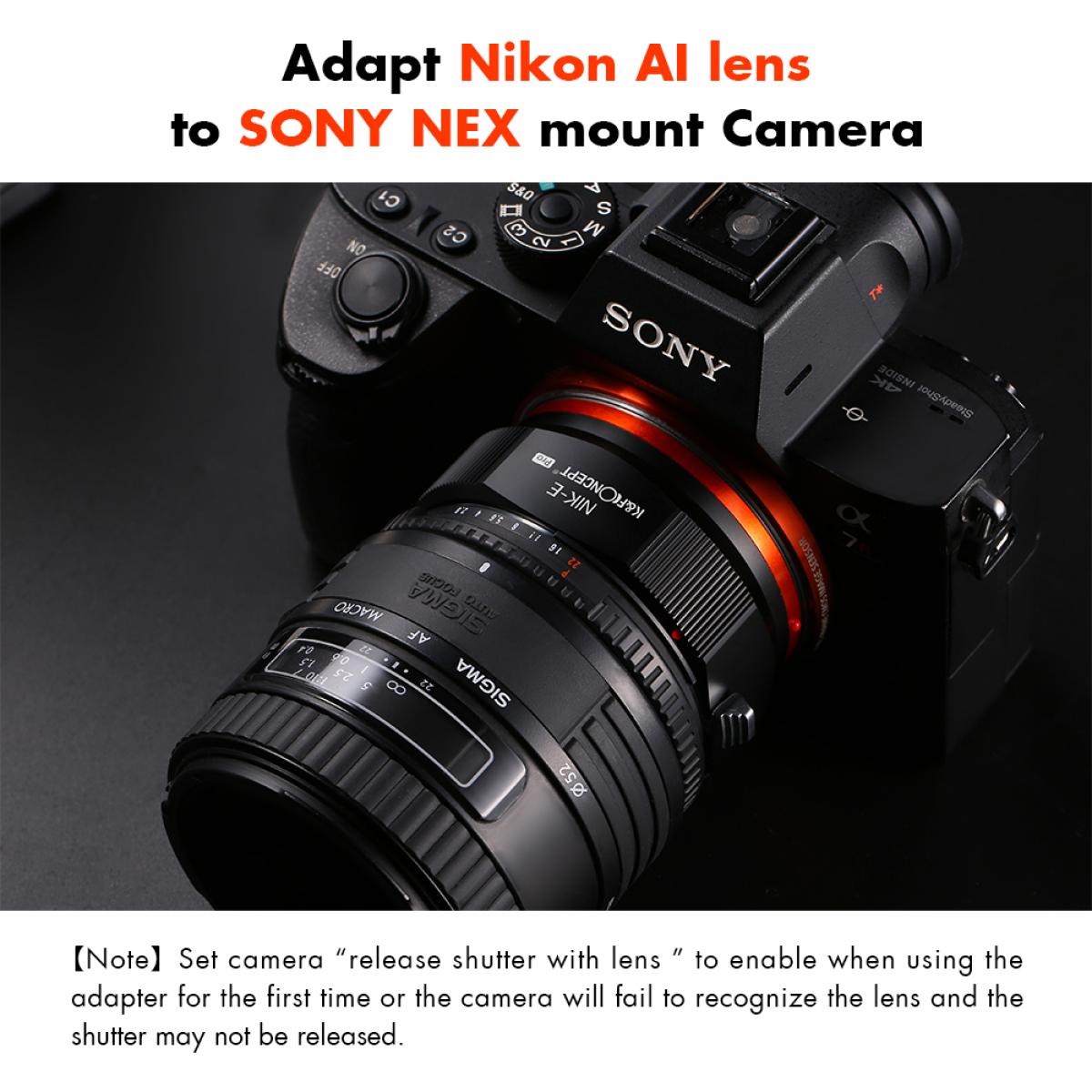 KF Concept NIK-E PRO Nikon AI bajonett adapter - Sony E vázakra (KF06.436)-2