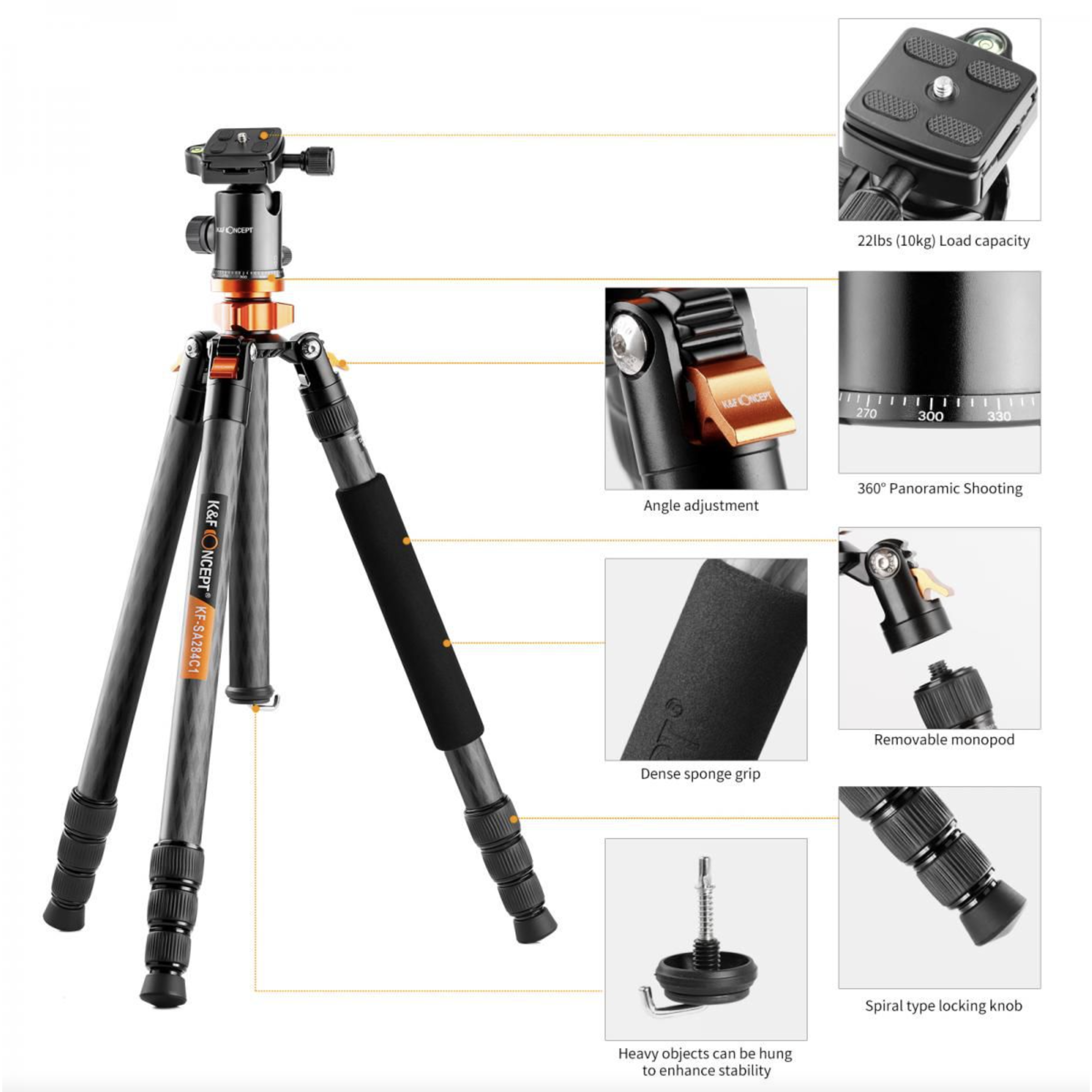 KF Concept SA284C1 karbon fényképező állvány, tripod gömbfejjel (KF09.095)-14