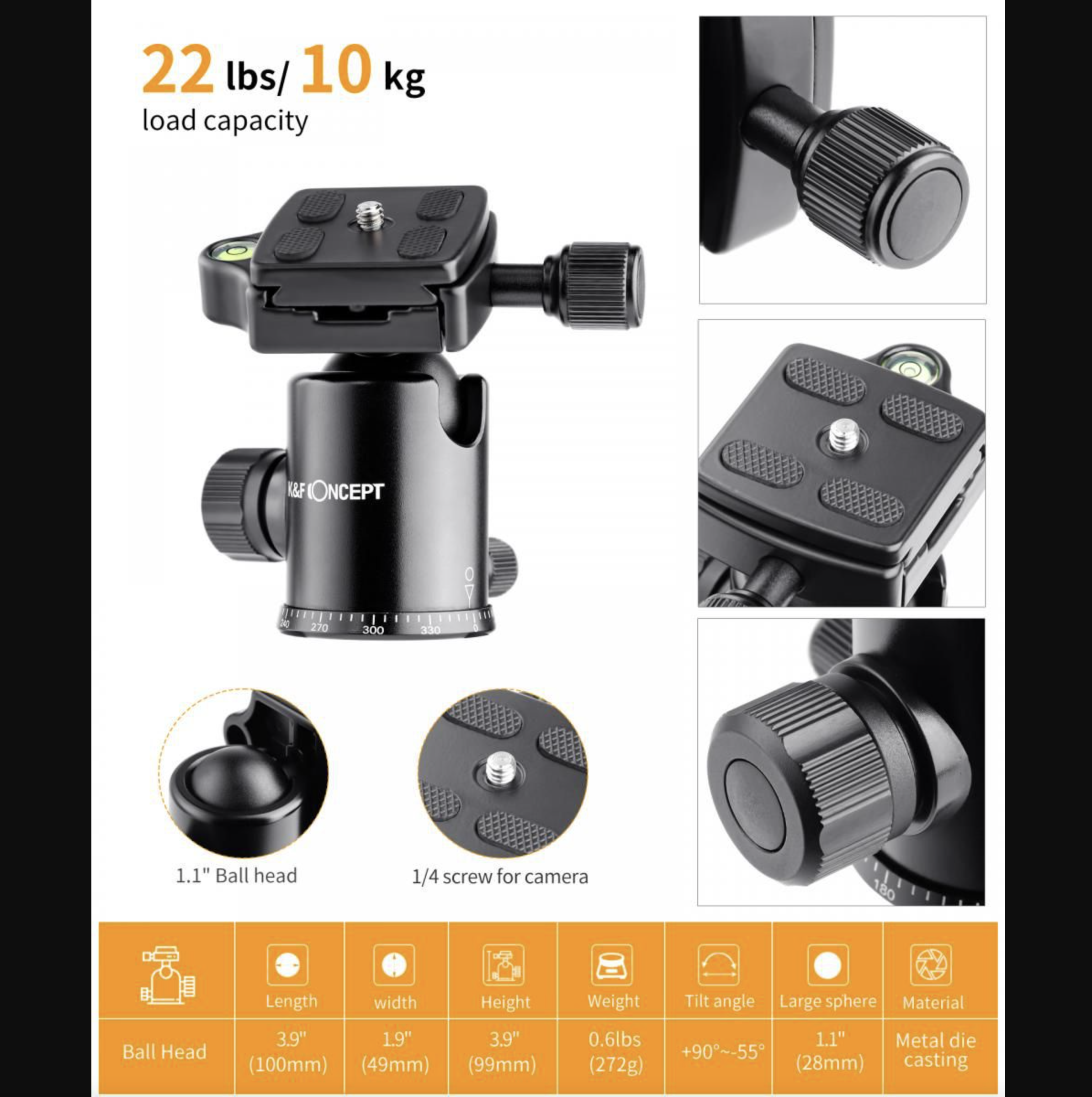 KF Concept SA284C1 karbon fényképező állvány, tripod gömbfejjel (KF09.095)-12