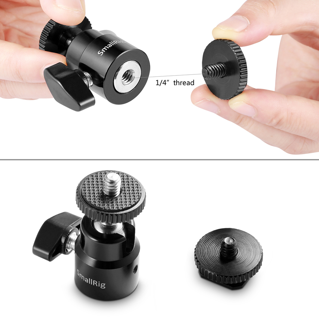 SmallRig mini gömbfej 1/4-es csatlakozással, vakupapucs adapterrel 2db-os (2059) -3