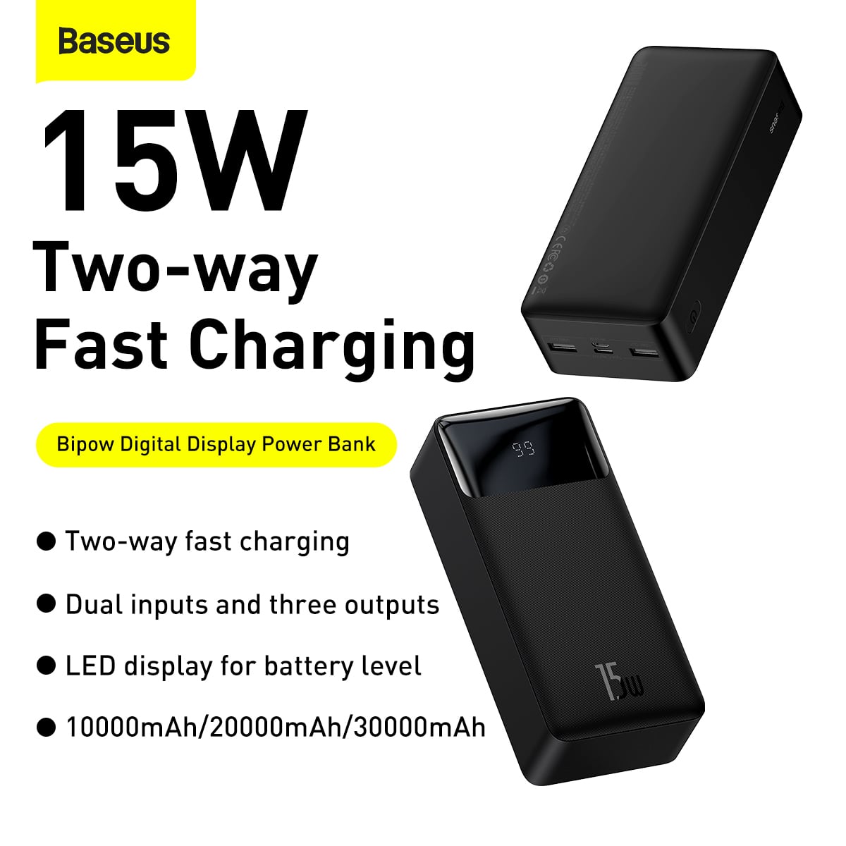 Baseus Bipow Powerbank 30000mAh 2xUSB / 1xUSB Type-C PD3.0 QC3.0 15W fekete (PPDML-K01)-1