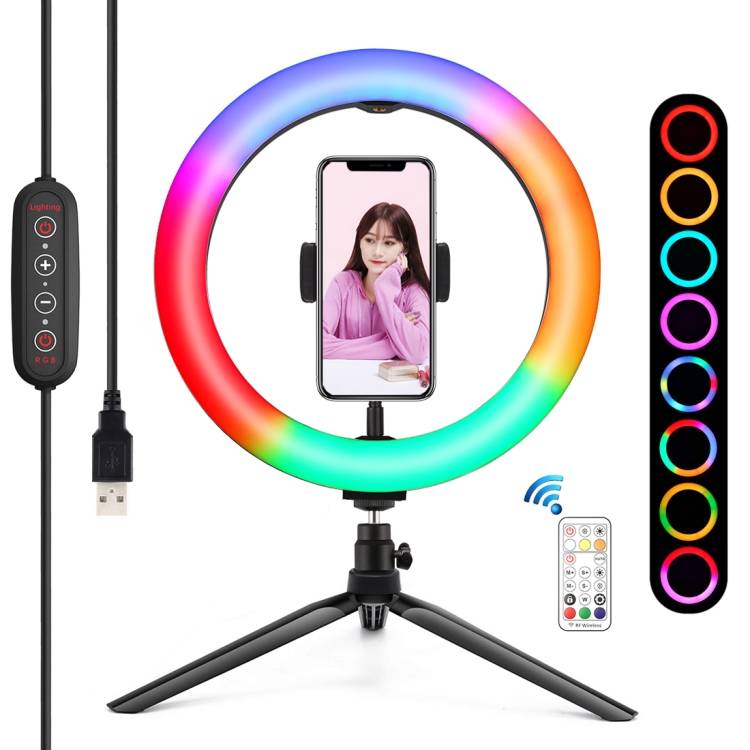 PULUZ 26cm RGB LED körfény, körlámpa, ringlight asztali állvánnyal, telefontartóval, távirányítóval (PKT3082B)-0