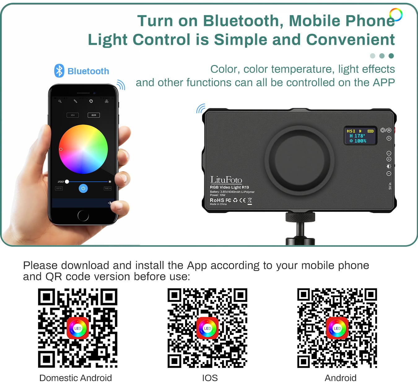LituFoto R19 RGB LED lámpa, világítás beépített akkumulátorral-3
