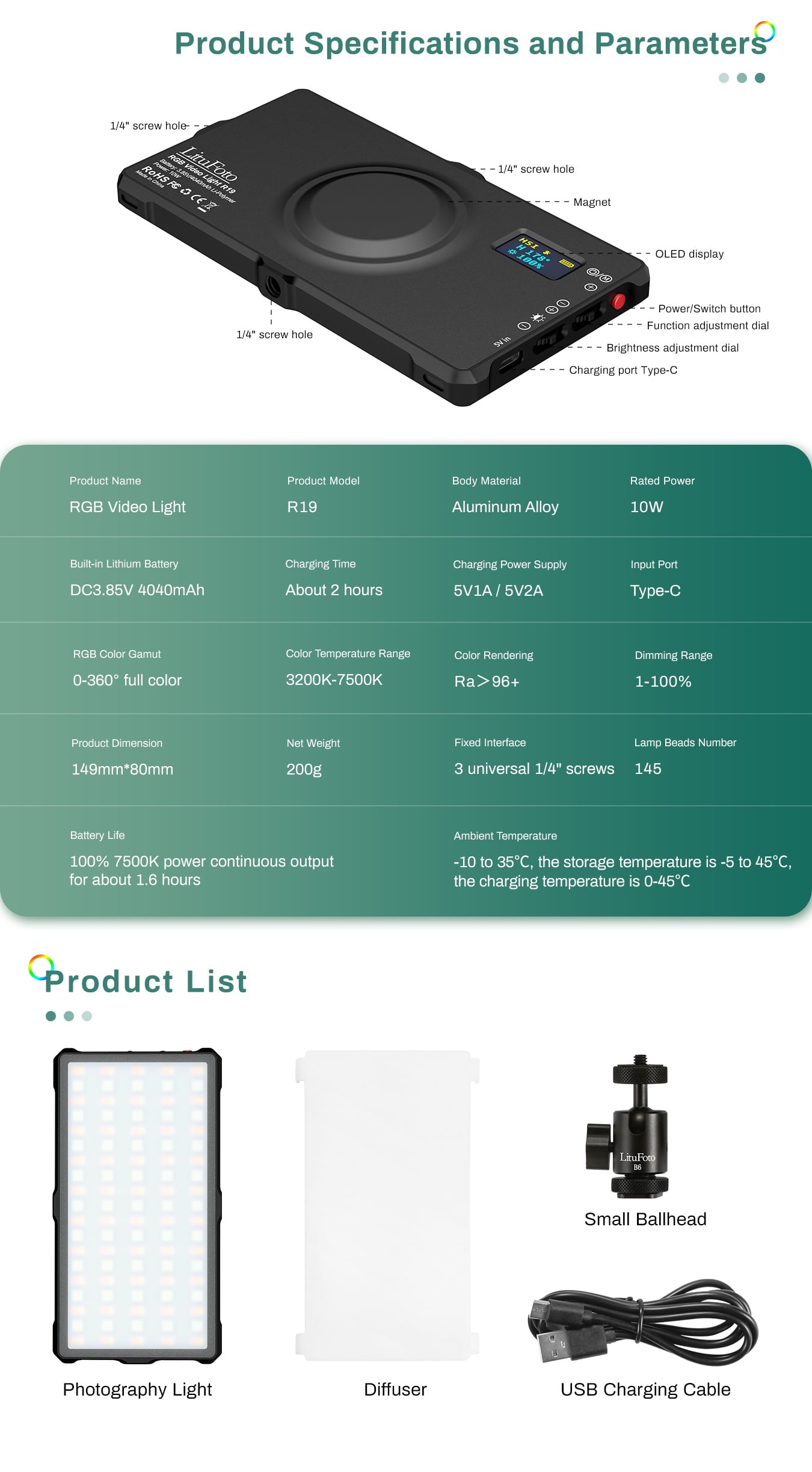 LituFoto R19 RGB LED lámpa, világítás beépített akkumulátorral-4