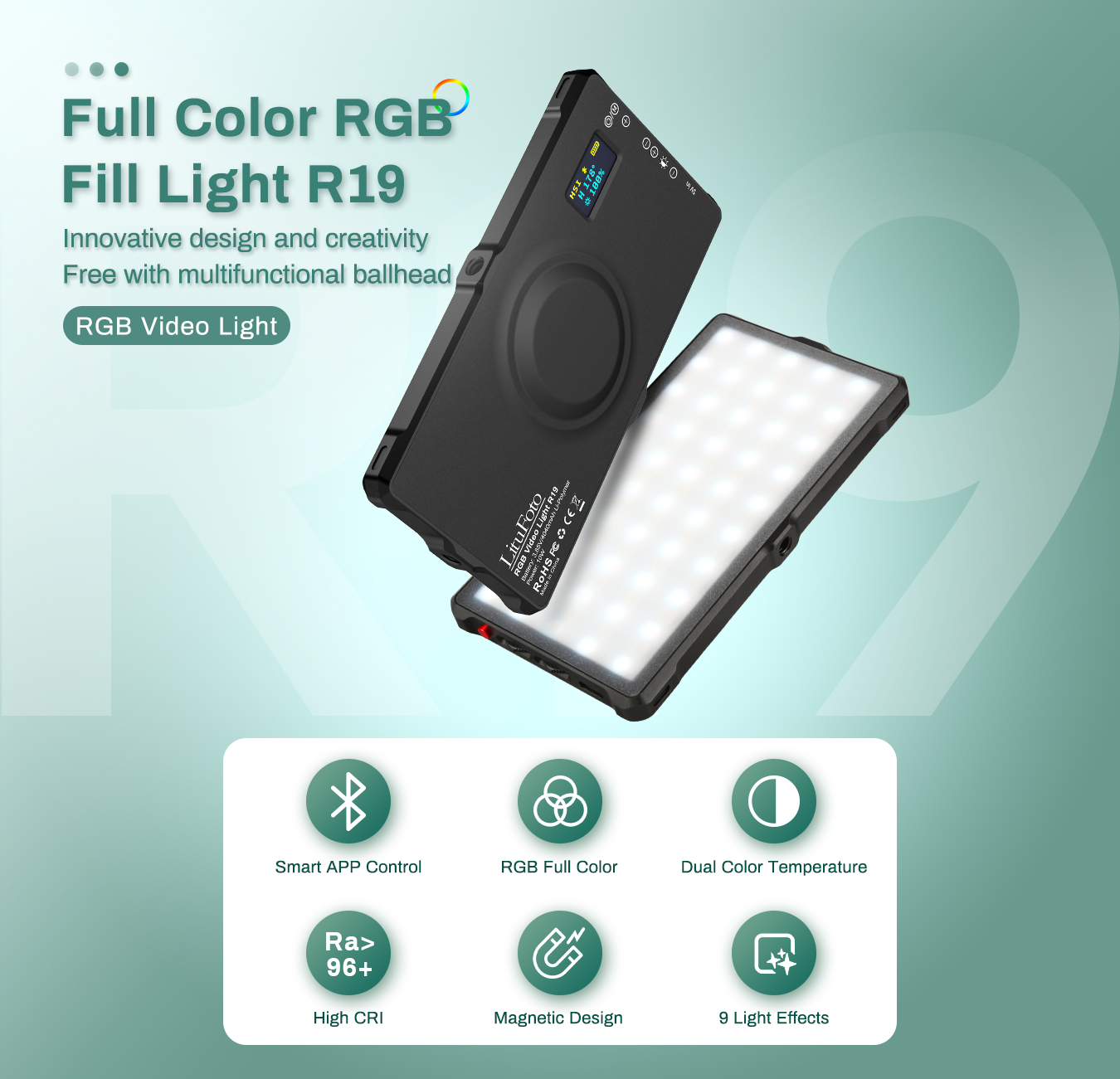 LituFoto R19 RGB LED lámpa, világítás beépített akkumulátorral-15