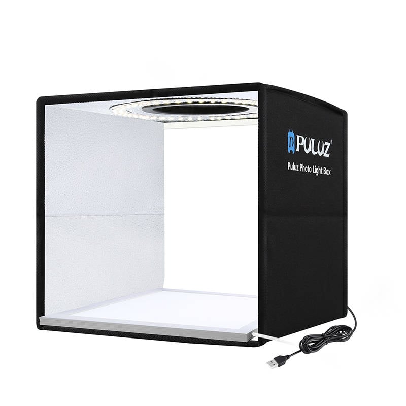 PULUZ fotódoboz, tárgysátor 25x25cm 6db kétoldalas papír háttérrel, alsó LED megvilágítással fekete (PKT3101B)-5