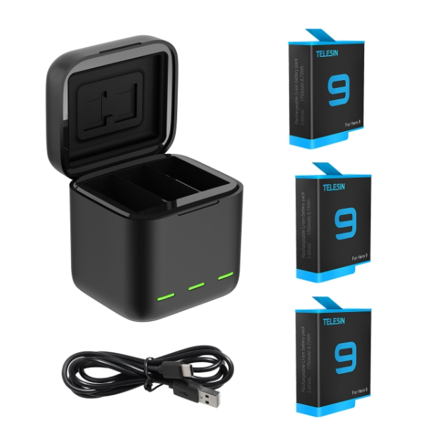 TELESIN 3 foglalatos töltődoboz GoPro Hero 9 / Hero 10 / Hero 11 / Hero 12 akciókamerákhoz + 3 akkumulátor (GP-BNC-902)-0