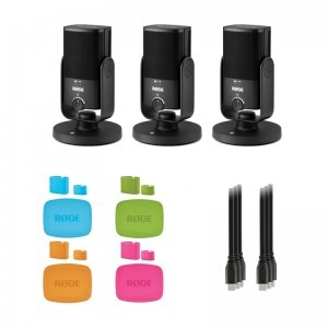 RODE NT-USB Mini Podcast szett 3 USB-C: 3 x NT-USB Mini mikrofon, 3 x SC17 USB-C - USB-C kábel, COLORS1 mikrofon és kábeljelőlő szett