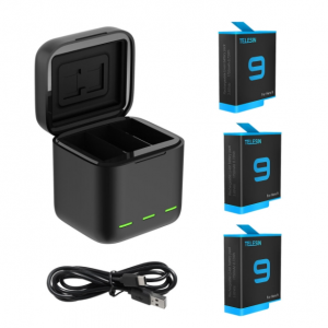TELESIN 3 foglalatos töltődoboz GoPro Hero 9 / Hero 10 / Hero 11 / Hero 12 akciókamerákhoz + 3 akkumulátor (GP-BNC-902)