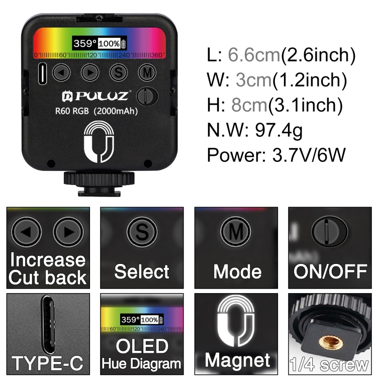 PULUZ mini RGB LED lámpa, videólámpa (PU560B)-4
