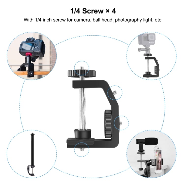 PULUZ C clamp, asztalra rögzíthető teleszkópos állvány (33-60cm) gömbfejjel, 1/4-es csatlakozással (PU3064B)-5