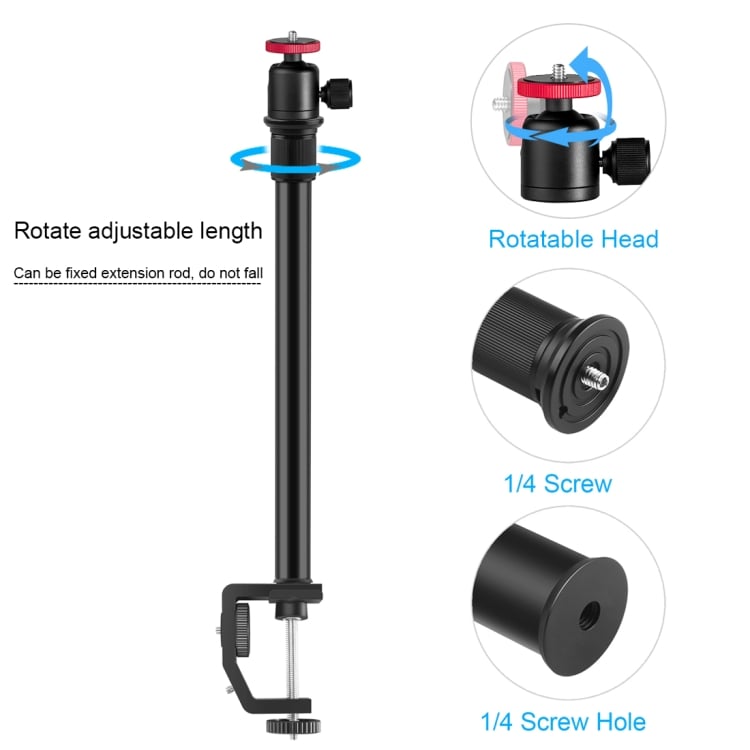 PULUZ C clamp, asztalra rögzíthető teleszkópos állvány (33-60cm) gömbfejjel, 1/4-es csatlakozással (PU3064B)-4