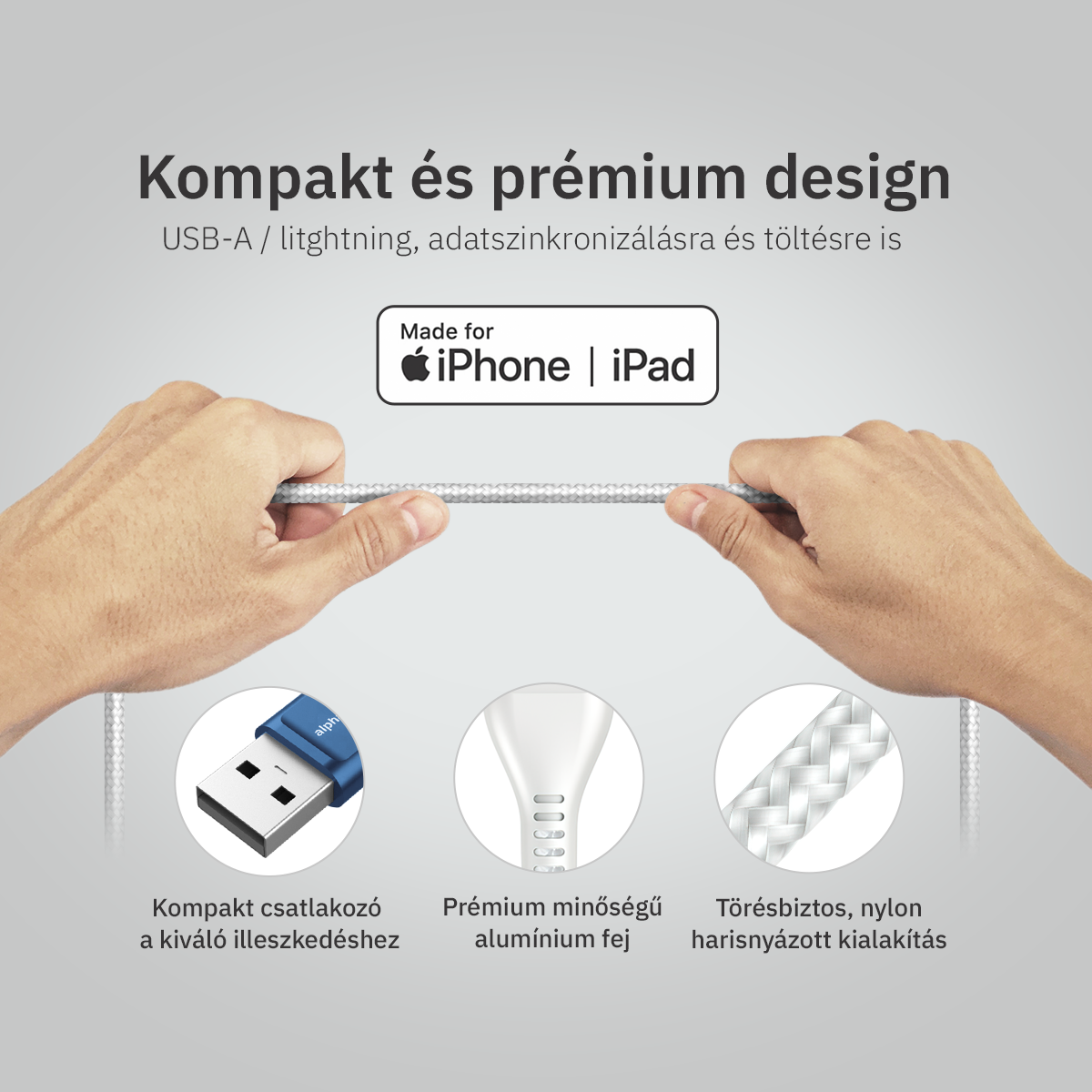 Lightning iPhone kábel 1.5m USB-A fejjel MFi Alphajack (AL15-BW) kék/fehér-5