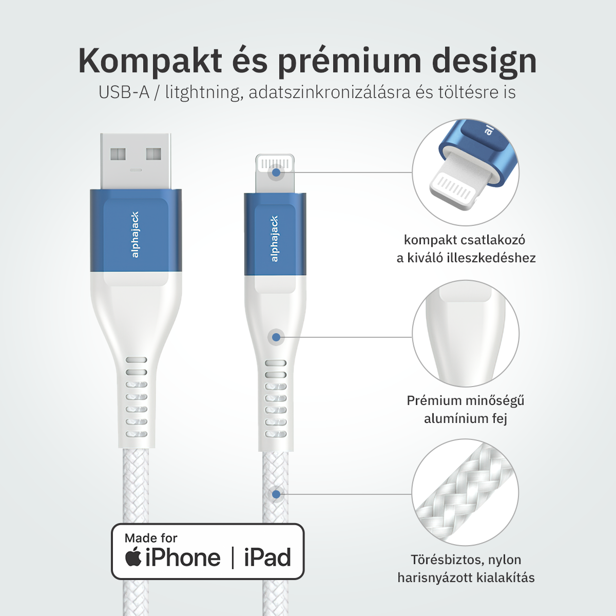 Lightning iPhone kábel 1.5m USB-A fejjel MFi Alphajack (AL15-BW) kék/fehér-2