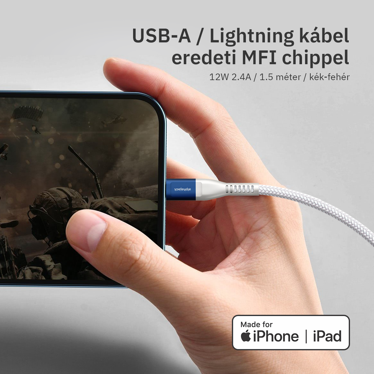 Lightning iPhone kábel 1.5m USB-A fejjel MFi Alphajack (AL15-BW) kék/fehér-4