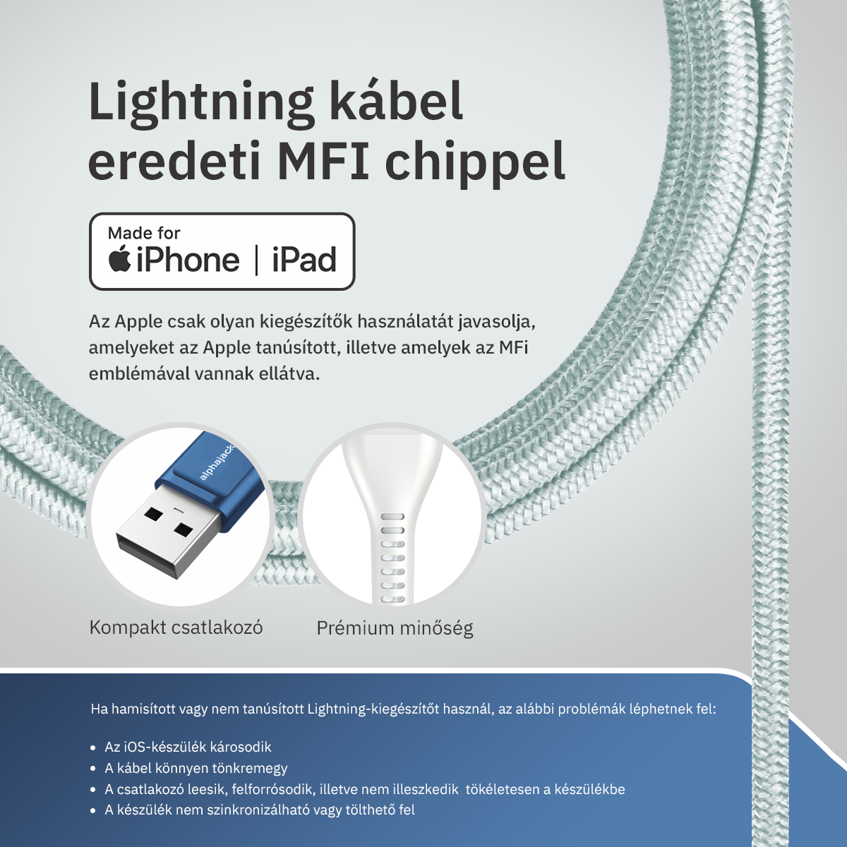 Lightning iPhone kábel 1.5m USB-A fejjel MFi Alphajack (AL15-BW) kék/fehér-6