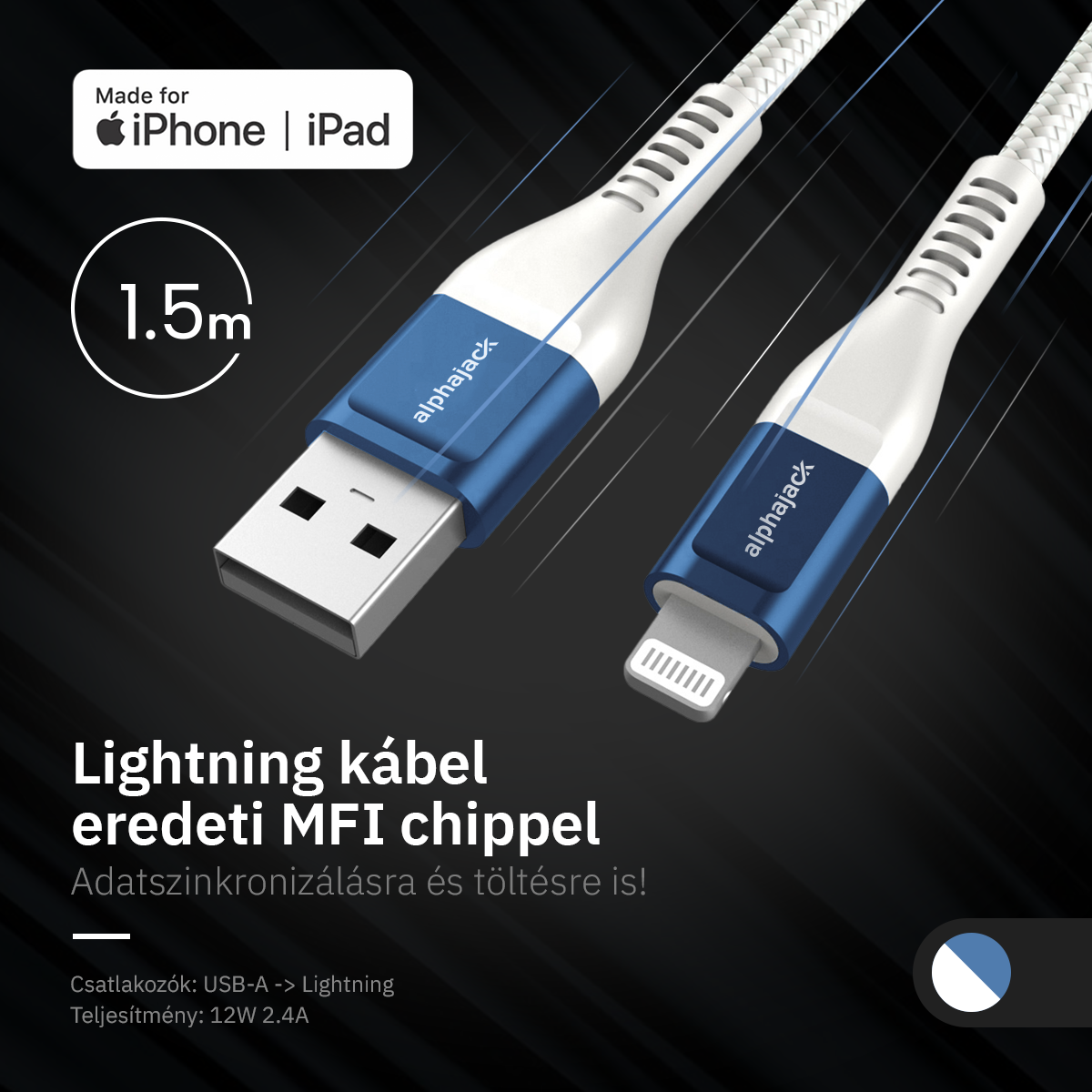 Lightning iPhone kábel 1.5m USB-A fejjel MFi Alphajack (AL15-BW) kék/fehér-3
