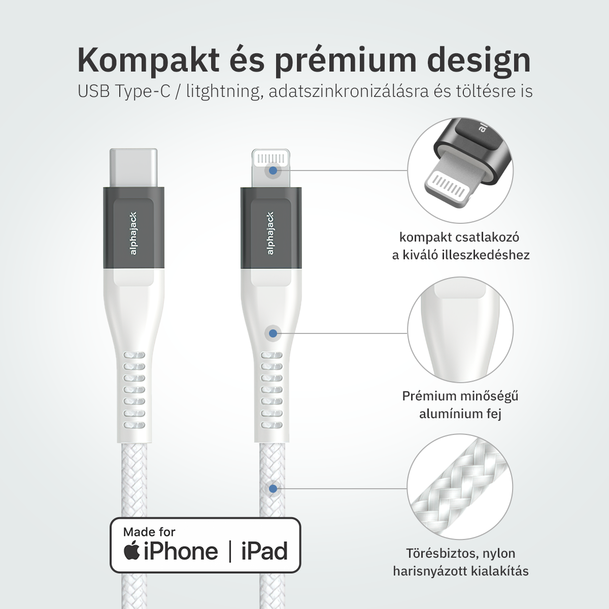 Lightning iPhone kábel 1.5m Type-C fejjel MFi Alphajack (CL15-WG) fehér/szürke-2