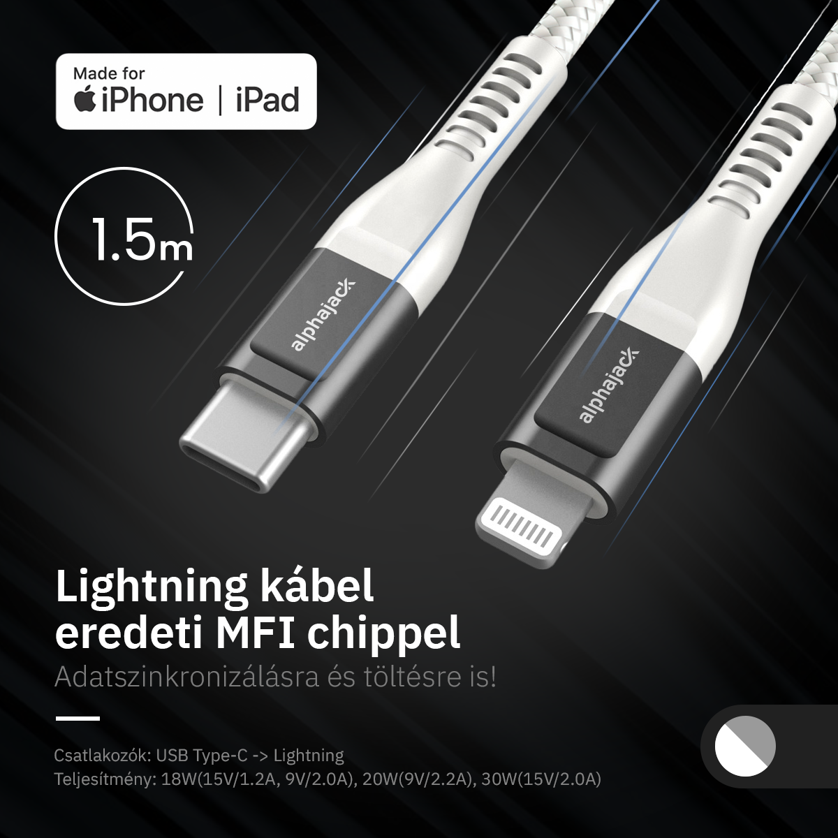 Lightning iPhone kábel 1.5m Type-C fejjel MFi Alphajack (CL15-WG) fehér/szürke-3