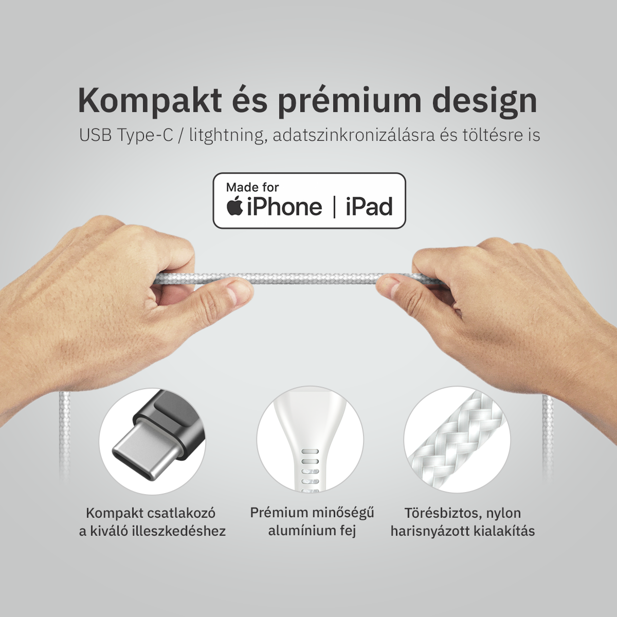 Lightning iPhone kábel 1.5m Type-C fejjel MFi Alphajack (CL15-WG) fehér/szürke-5