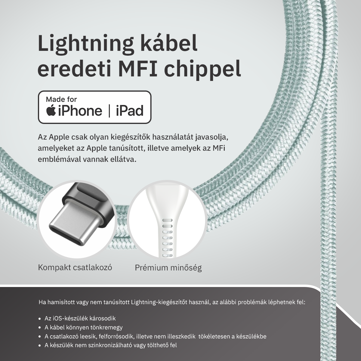 Lightning iPhone kábel 1.5m Type-C fejjel MFi Alphajack (CL15-WG) fehér/szürke-6