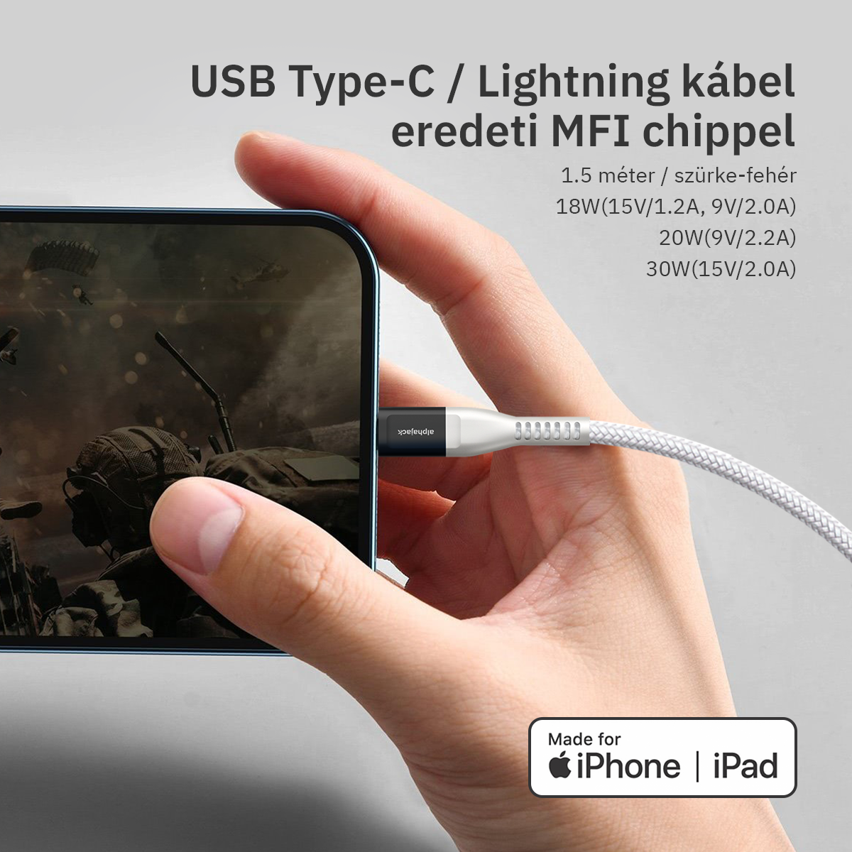 Lightning iPhone kábel 1.5m Type-C fejjel MFi Alphajack (CL15-WG) fehér/szürke-4