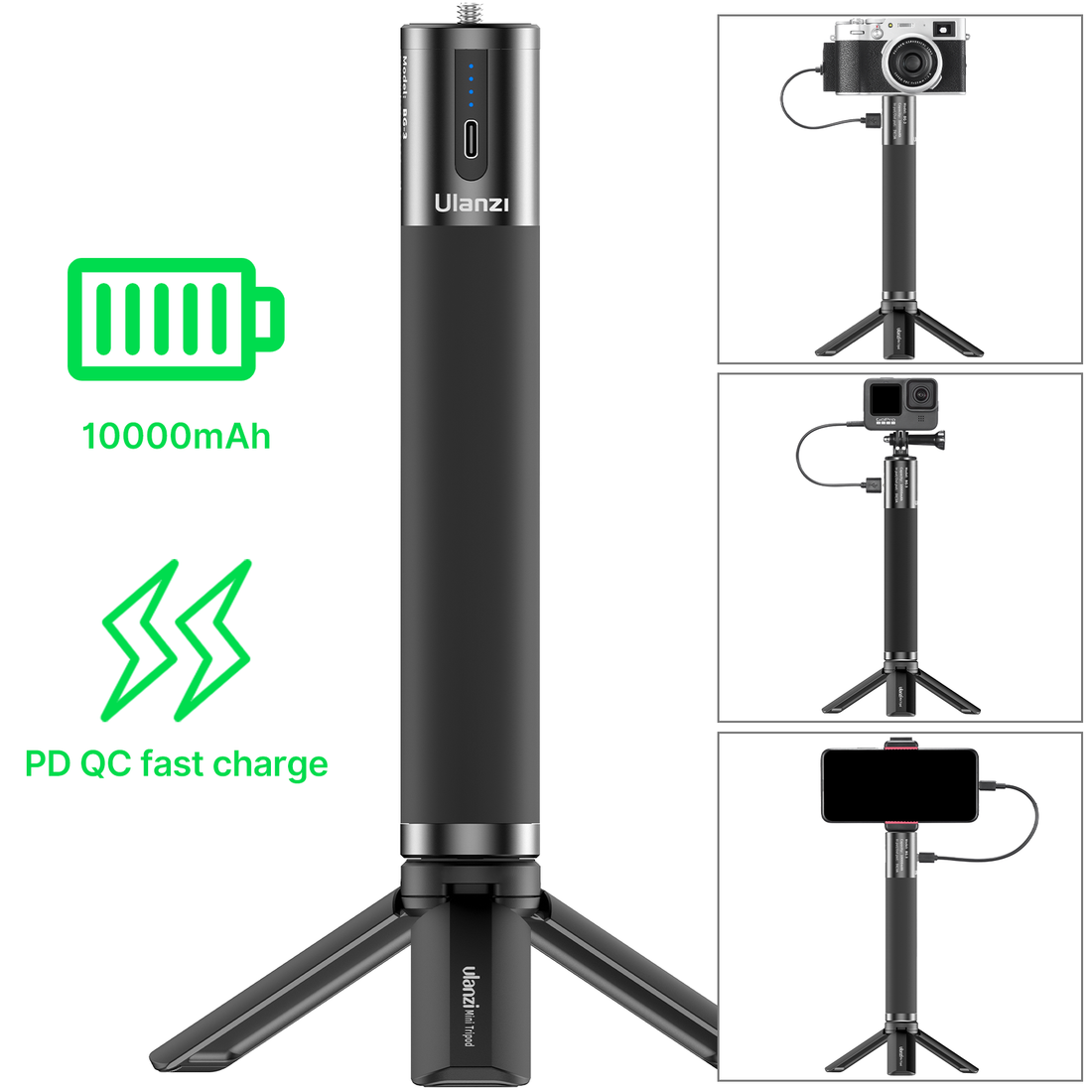 ULANZI BG-3 akkumulátor grip, markolat 10.000mAh powerbank 1/4 csatlakozással, Type-C (2066)-5