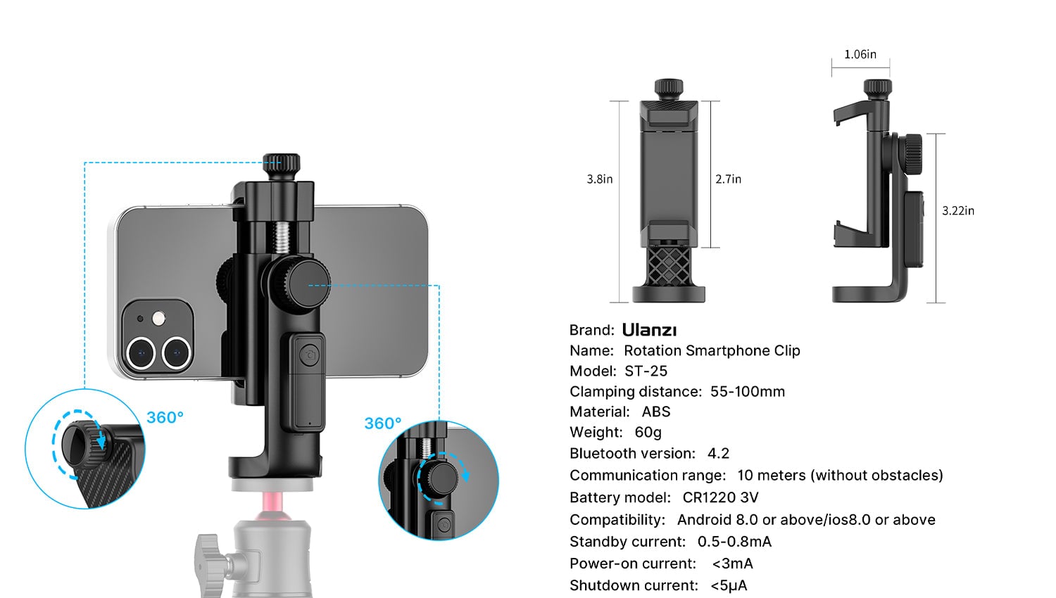 ULANZI ST-25 elforgatható mobiltelefon rögzítő, telefontartó adapter 1/4-es furattal, vakupapucs foglalattal, kivehető Bluetooth-os kioldóval (2389)-11